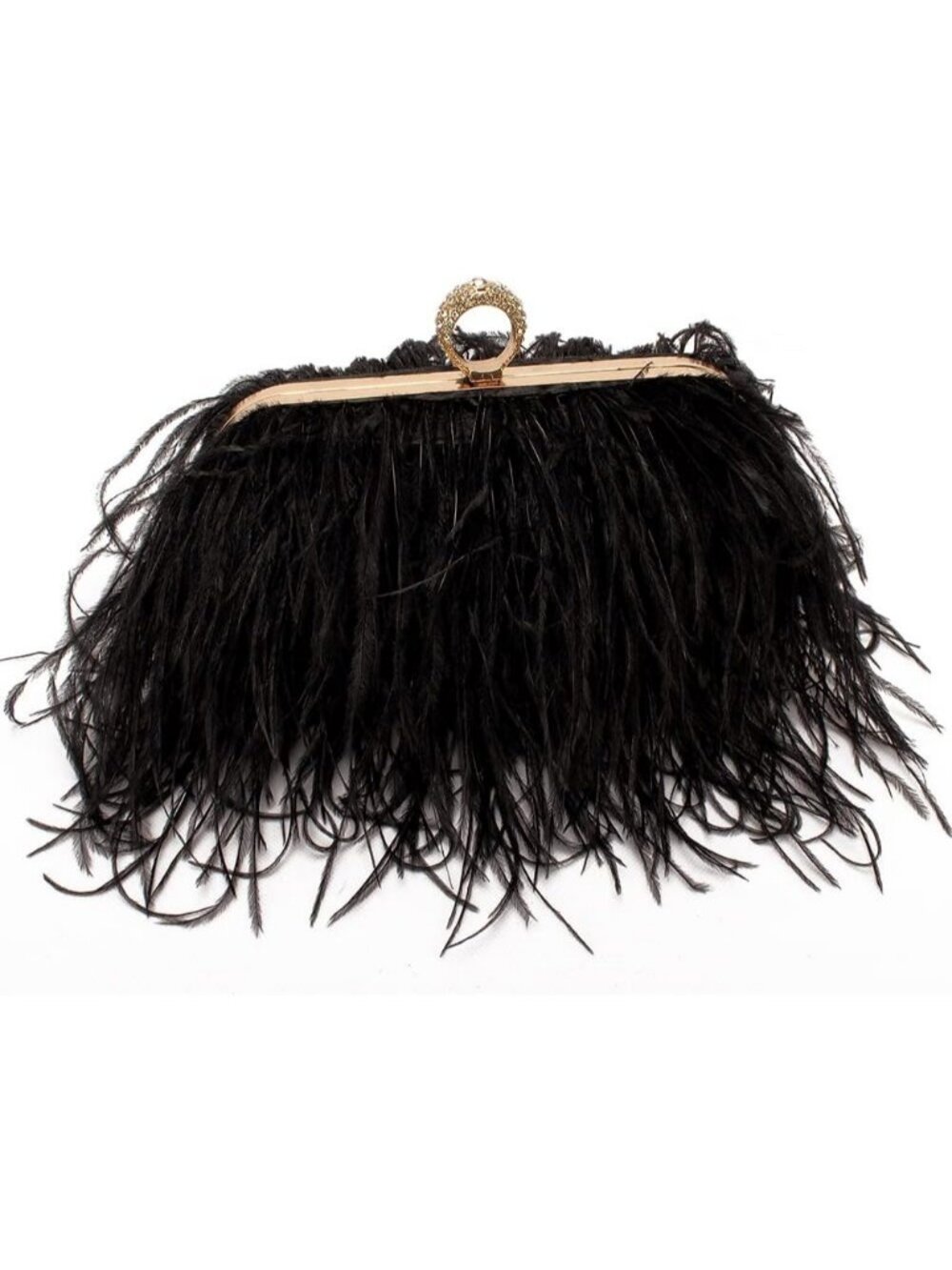 Women's Black Natural Ostrich Feather Vintage Banquet Purse Evening Bag